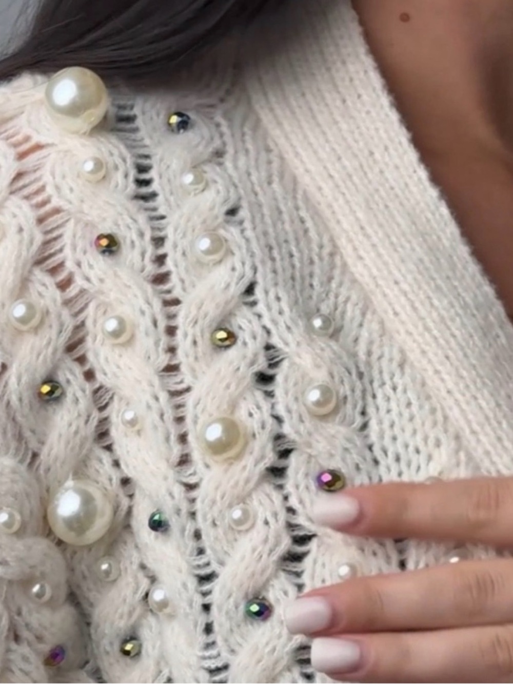 SAACHI Women’s Cream Cable Knit Sweater with Pearl & Jewel Accents